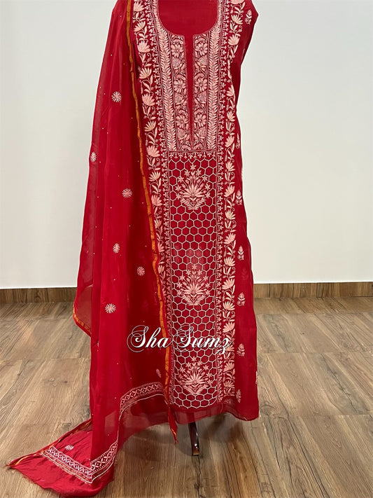 Ruby Red Chikankari & embellishments Mul Chanderi Suit