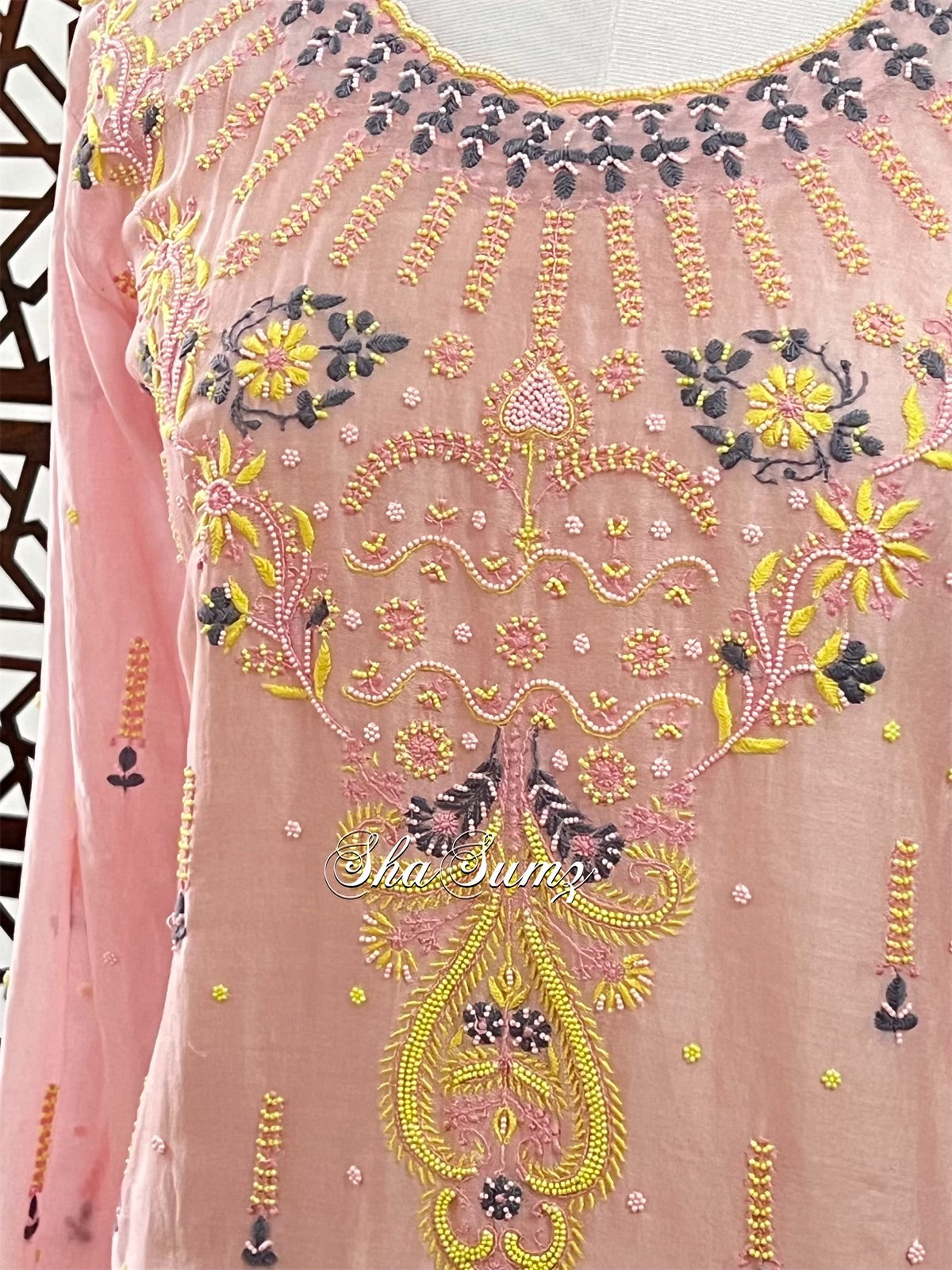 Blush Pink Chanderi Silk Kurta with Chikankari & Pearls