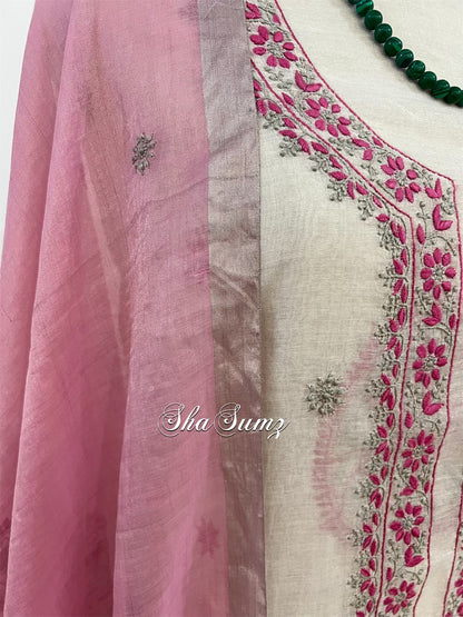 Silver Grey & Pink Tissue Suit with Chikankari