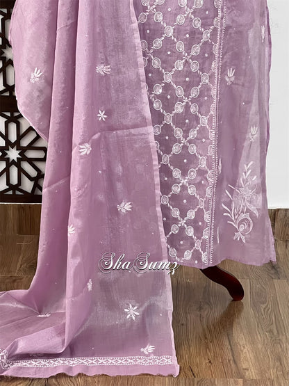 Glossy Lavender Tissue Chanderi Suit with Chikankari & Embellishments