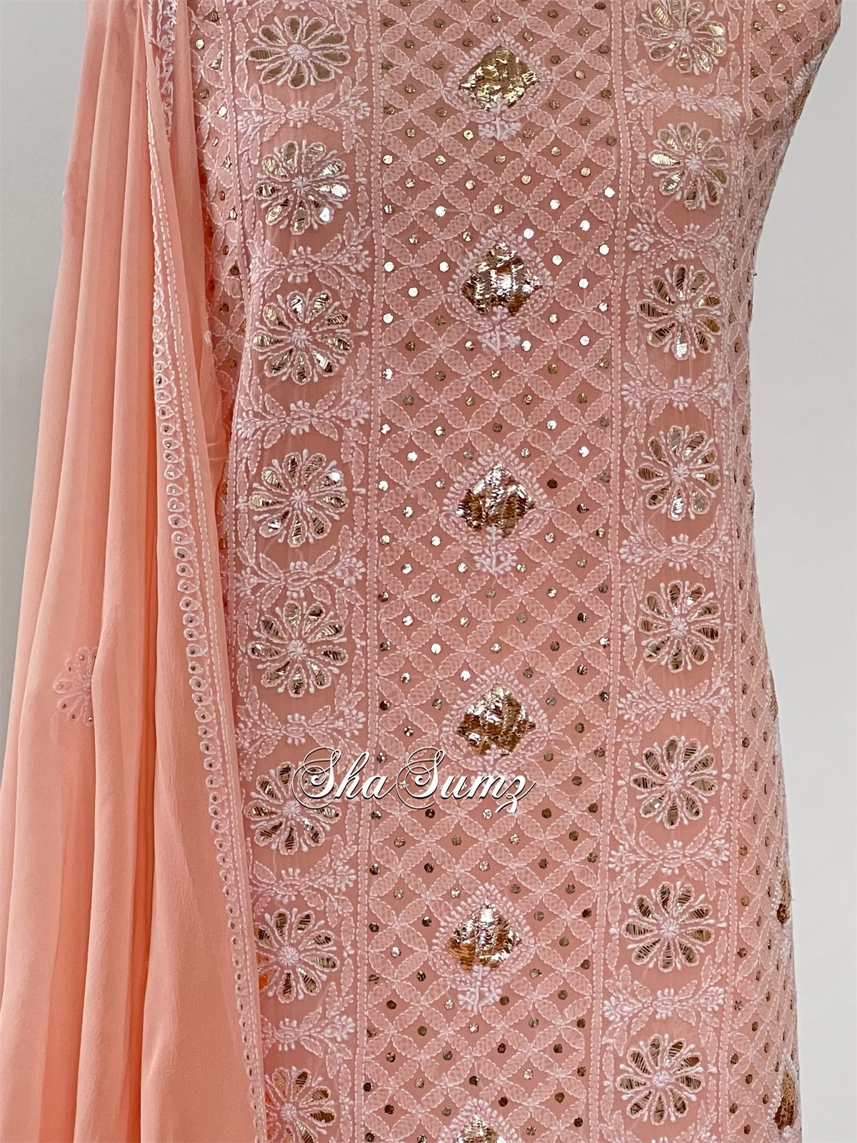 Peach Chikankari & Mukaish Suit