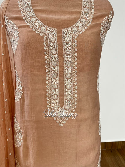 Hazelnut Mul Chanderi Suit with Chikankari & Embellishments