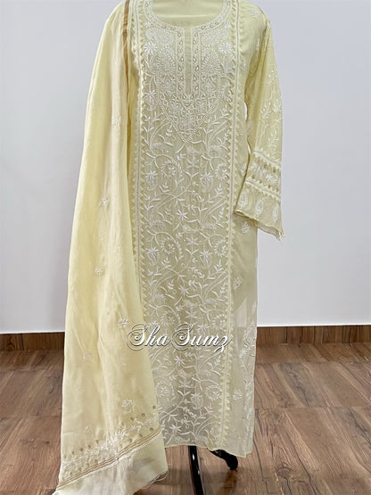 Ivory Chikankari Applique Chanderi Embellished Suit