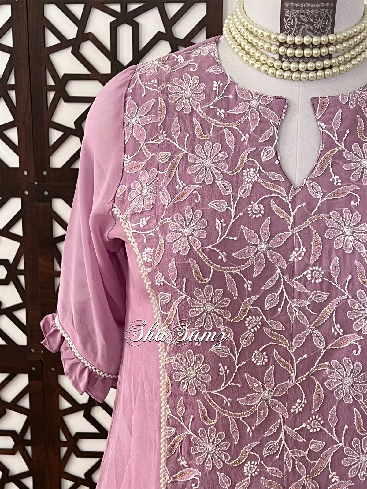 Mauve Chikankari & Embellishments Pure Georgette Shirt