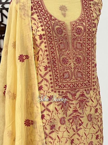 Light Mango Yellow Suit with Red Chikankari