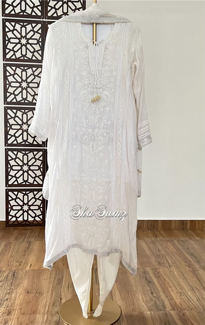 White Chikankari and Embellishments Mul Chanderi Suit