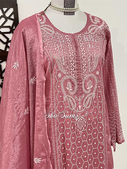 Onion Pink Tissue Chanderi Suit with Chikankari & Pearls