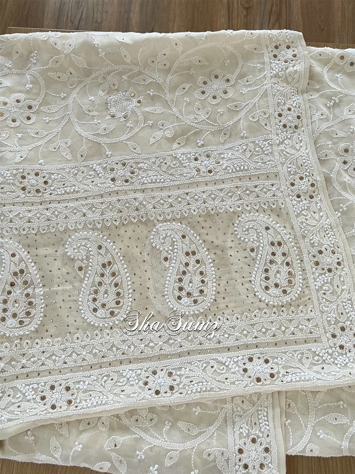 Cream Pure Georgette Chikankari & Kamdani Dupatta