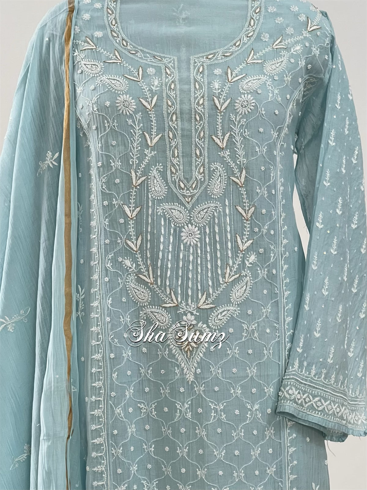 Powder Blue Chikankari Embellishments & Appliqué Mul Chanderi Suit