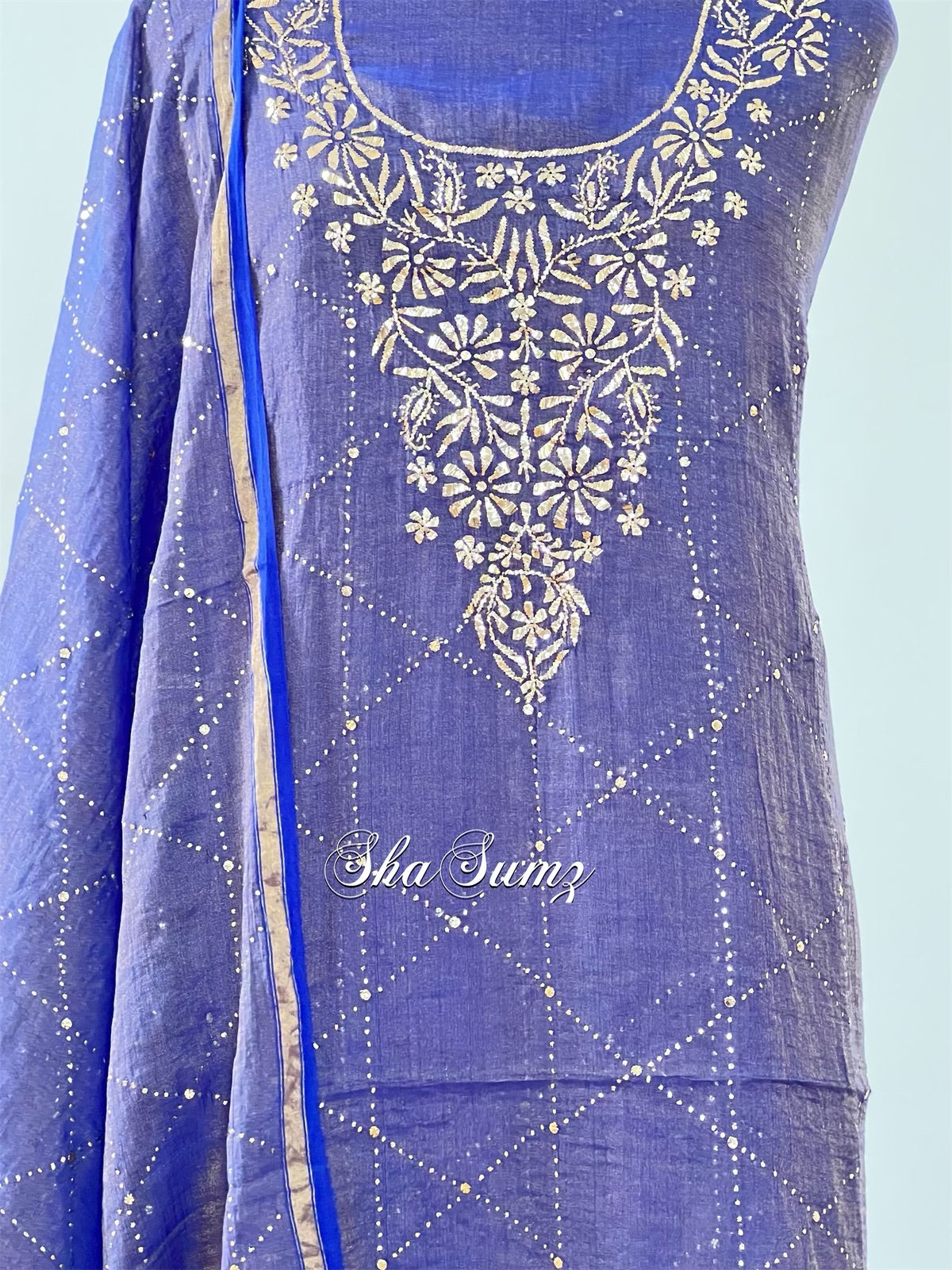 Indigo Blue Pure Tissue Chanderi Mukaish Suit