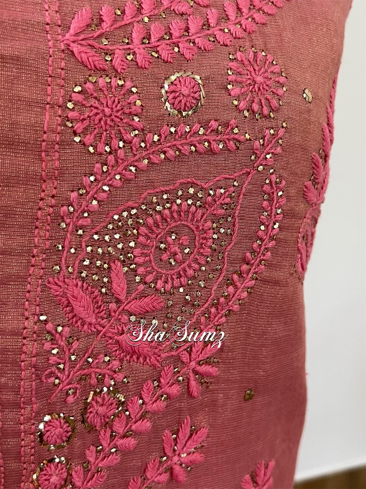 Carrot Pink Tissue Chanderi Silk Suit