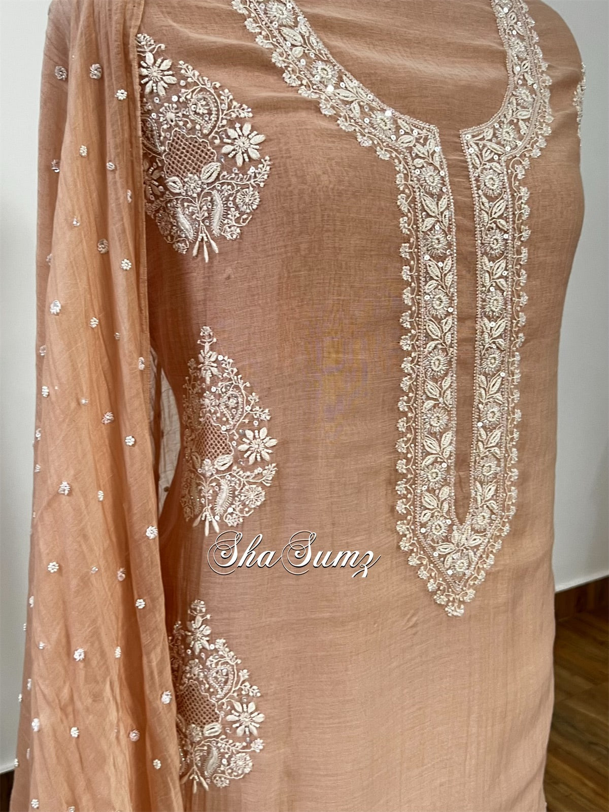 Hazelnut Mul Chanderi Suit with Chikankari & Embellishments