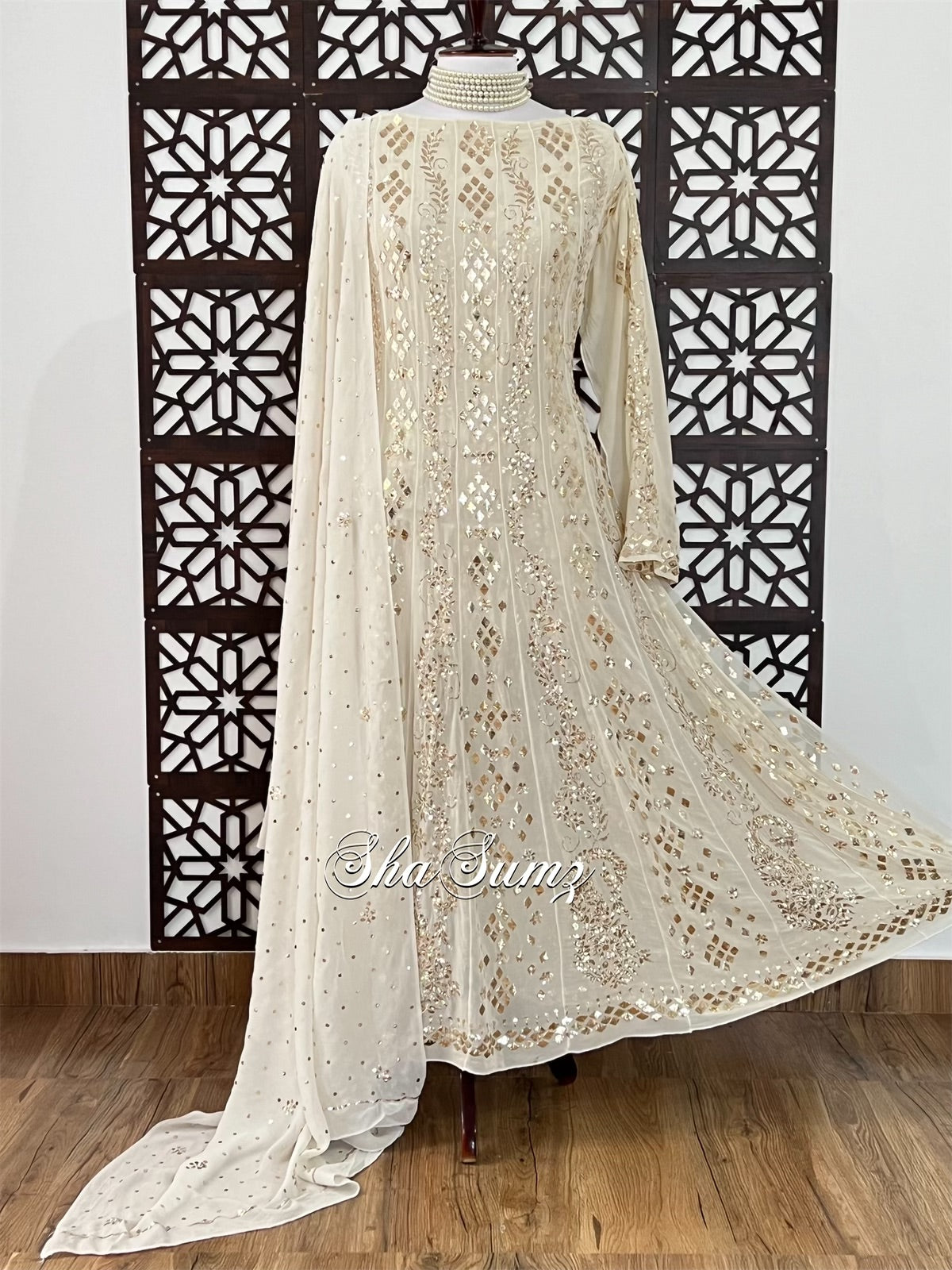 Gold Ivory Anarkali with Badla Mukaish