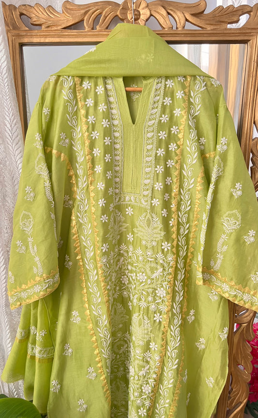 Lime Green Pure Chanderi Silk Kurta Set with Chikankari and Applique