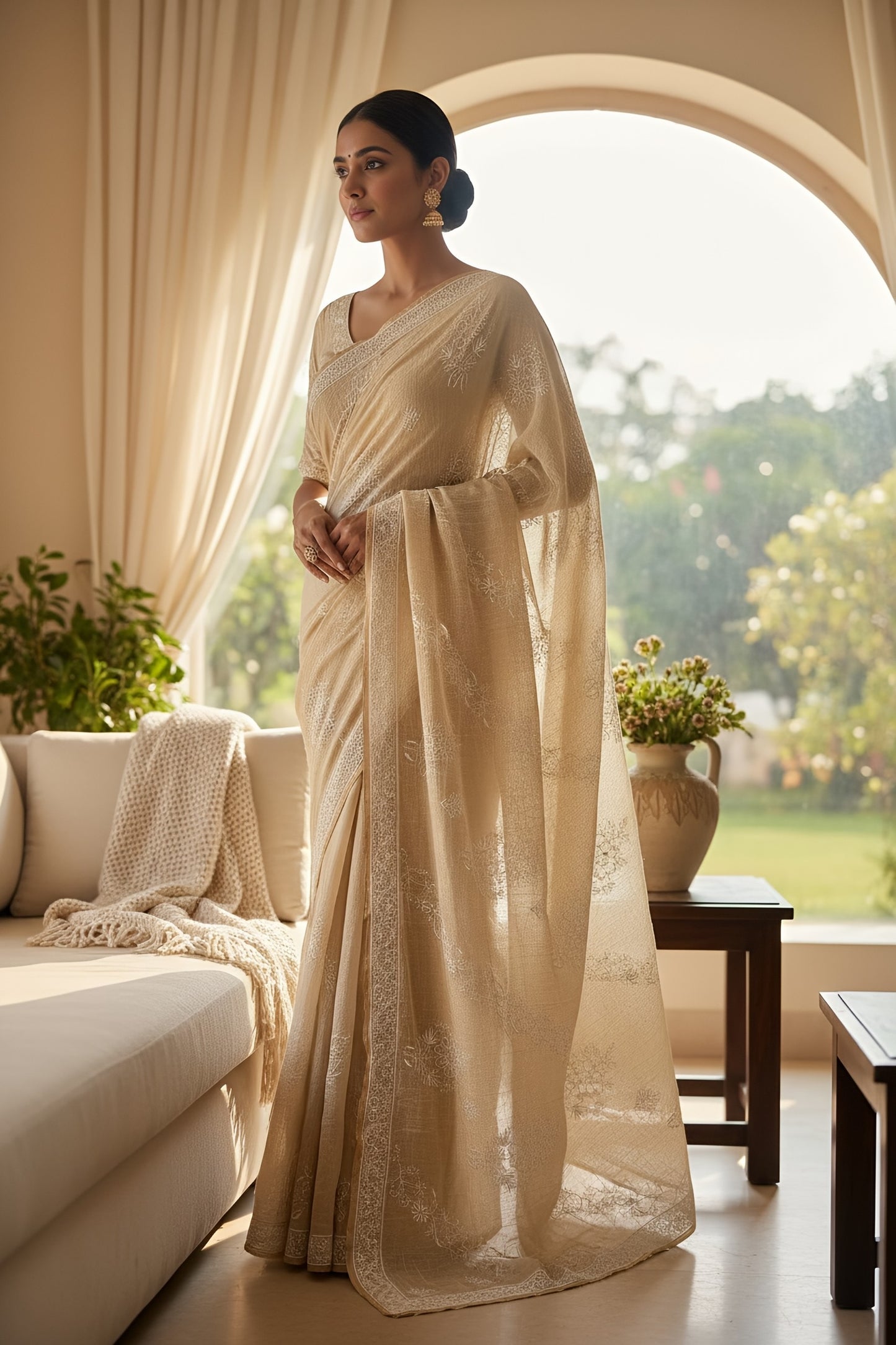 Tissue Chanderi Silk Saree with hand embroidered Chikankari
