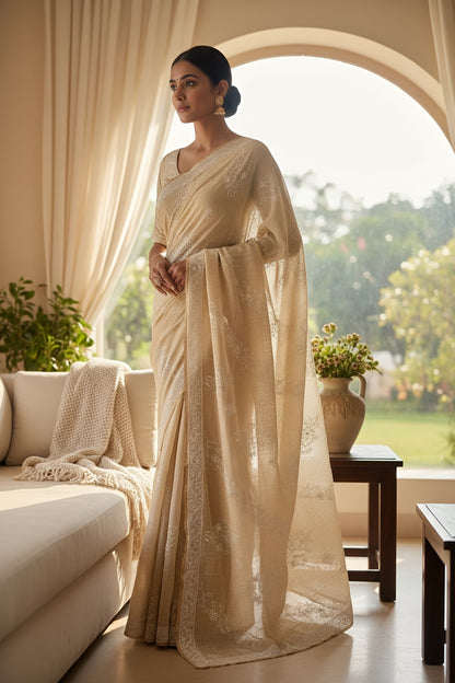 Tissue Chanderi Silk Saree with hand embroidered Chikankari