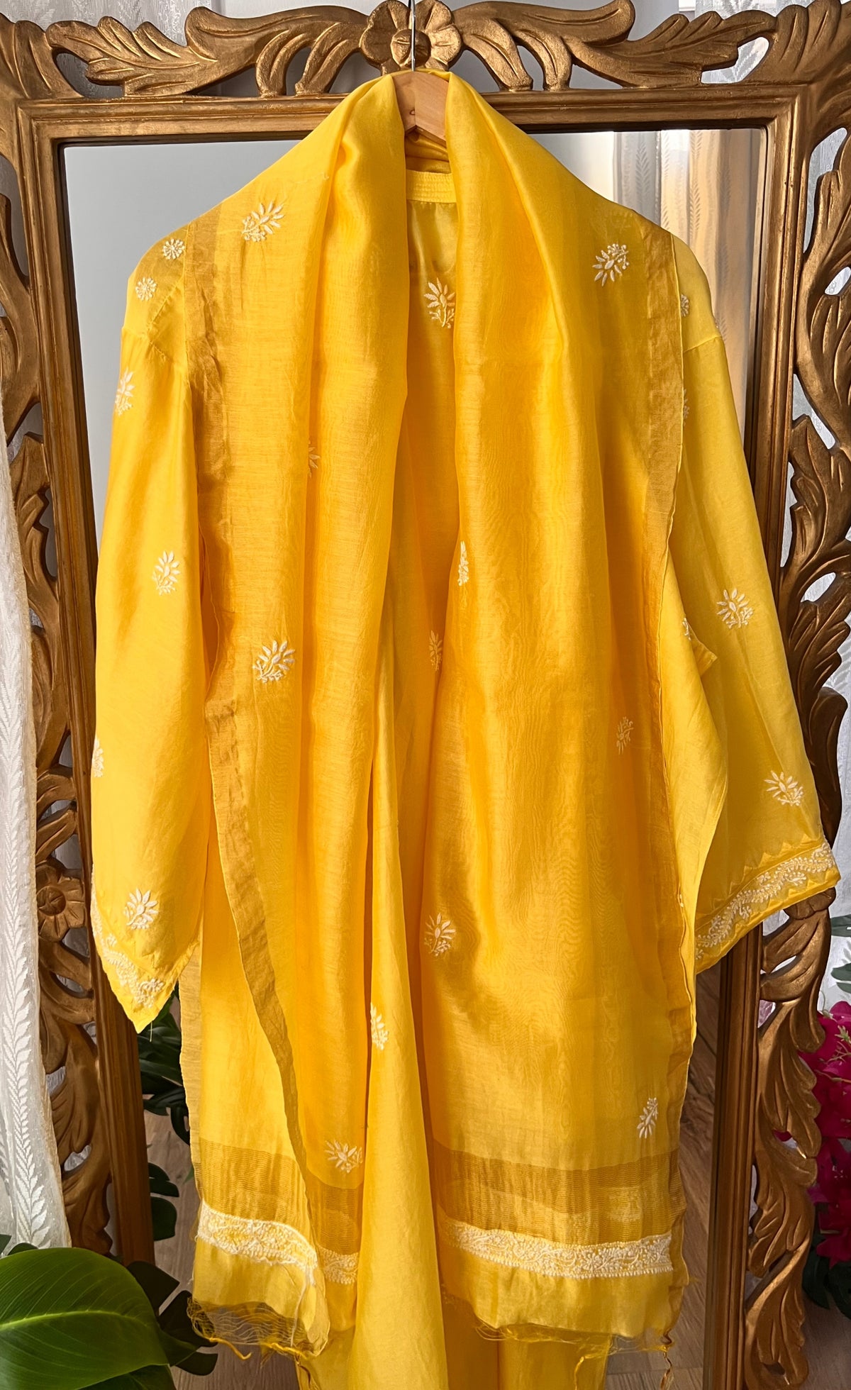 Mango Yellow Pure Chanderi Silk Kurta Set with Chikankari and Applique