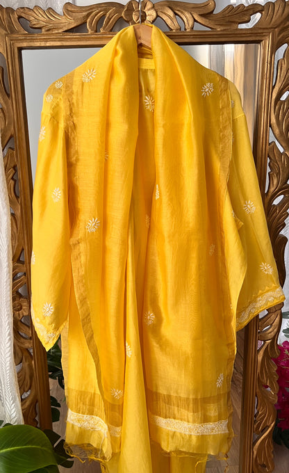 Mango Yellow Pure Chanderi Silk Kurta Set with Chikankari and Applique