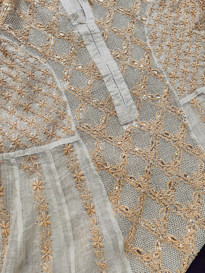 Natural Gold Beige Tissue Chanderi Silk Anarkali with Chikankari, Kasab Haath Jaali and Mukaish