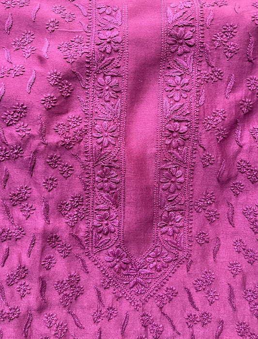 Deep Magenta Chikankari Kurta Fabric - Pure Chanderi