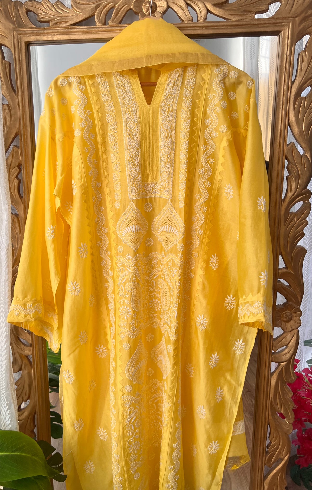 Mango Yellow Pure Chanderi Silk Kurta Set with Chikankari and Applique