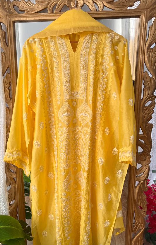 Mango Yellow Pure Chanderi Silk Kurta Set with Chikankari and Applique