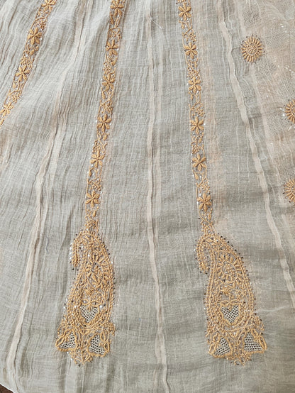Natural Gold Beige Tissue Chanderi Silk Anarkali with Chikankari, Kasab Haath Jaali and Mukaish