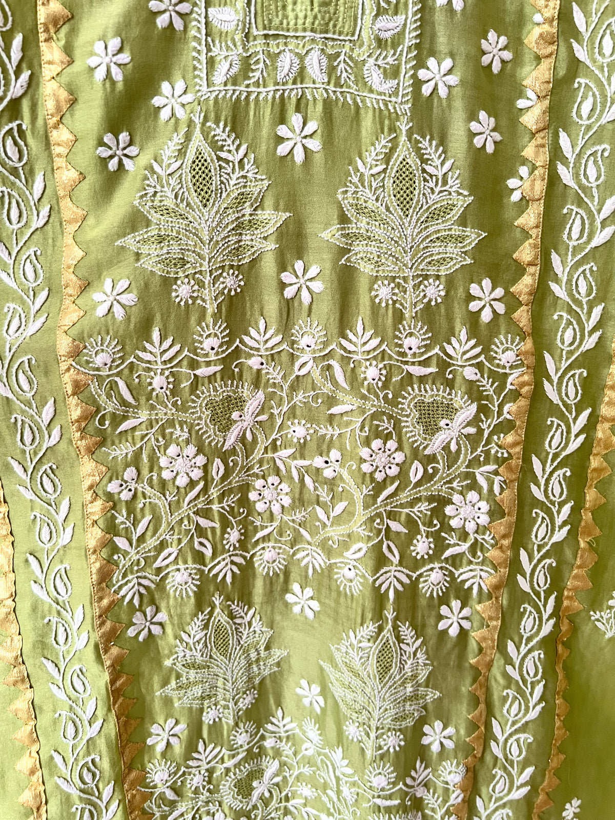Lime Green Pure Chanderi Silk Kurta Set with Chikankari and Applique