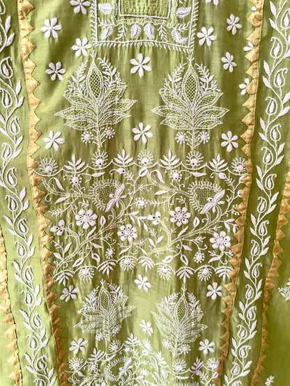 Lime Green Pure Chanderi Silk Kurta Set with Chikankari and Applique