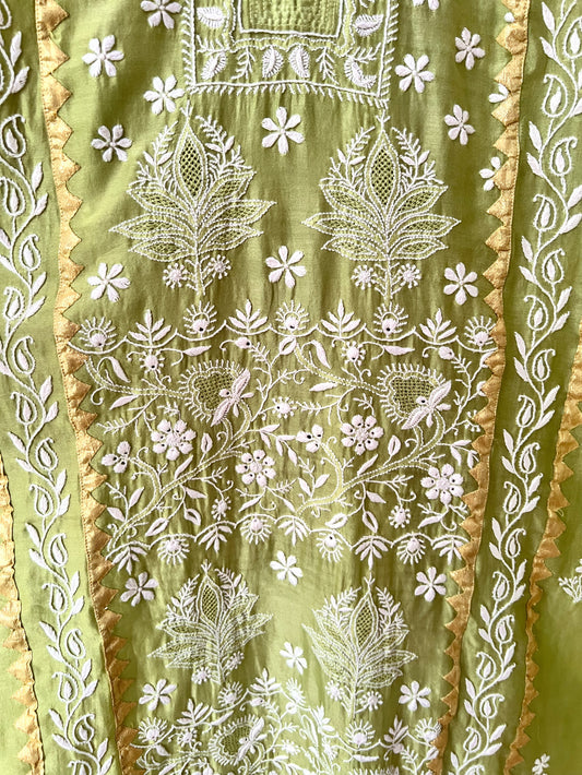 Lime Green Pure Chanderi Silk Kurta Set with Chikankari and Applique