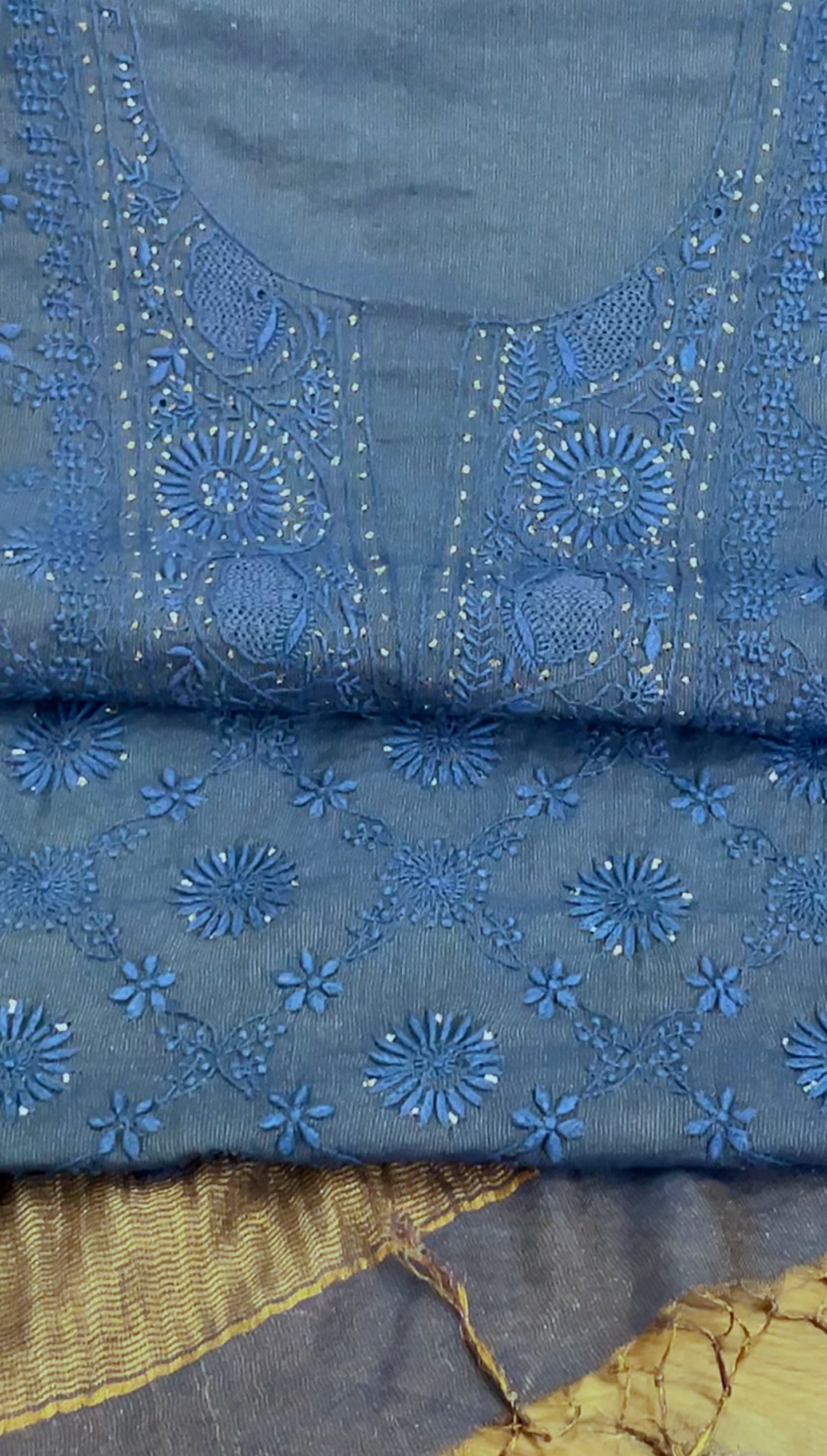 Prussian Blue Tissue Chanderi Silk Suit with Chikankari & Kamdani Mukaish