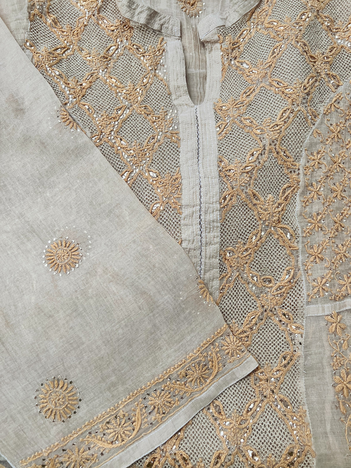 Natural Gold Beige Tissue Chanderi Silk Anarkali with Chikankari, Kasab Haath Jaali and Mukaish