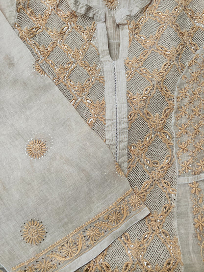Natural Gold Beige Tissue Chanderi Silk Anarkali with Chikankari, Kasab Haath Jaali and Mukaish