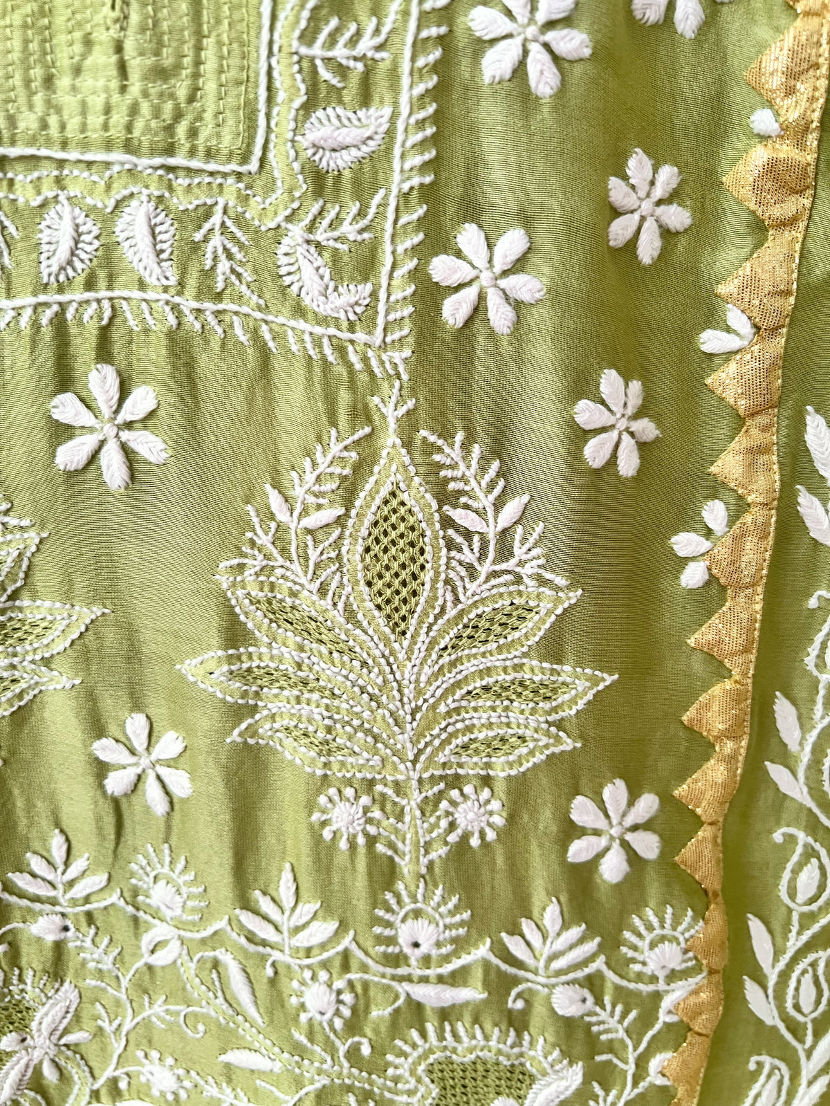 Lime Green Pure Chanderi Silk Kurta Set with Chikankari and Applique