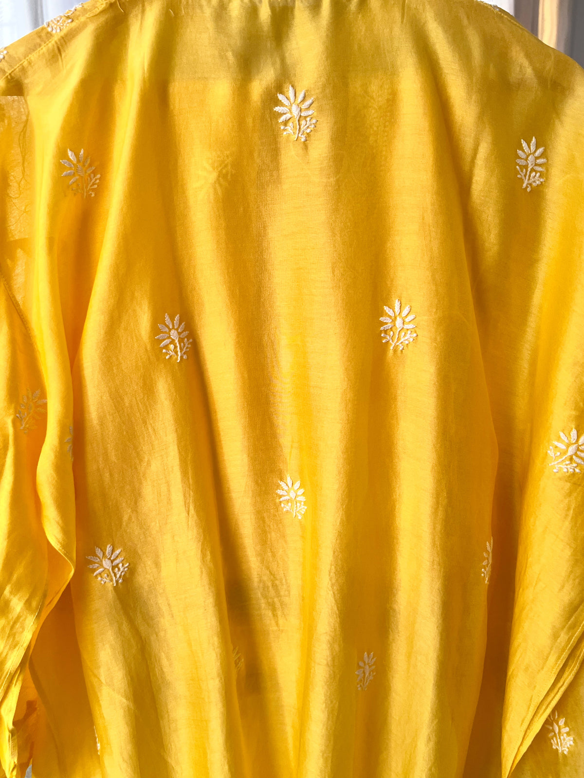 Mango Yellow Pure Chanderi Silk Kurta Set with Chikankari and Applique