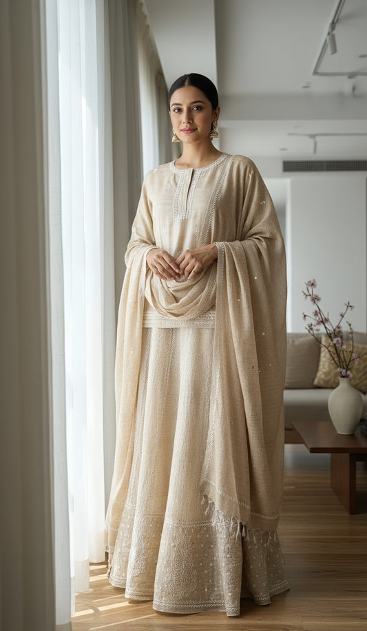 Pure Silk Lehanga Set with Hand-Embroidered Chikankari & Mukaish