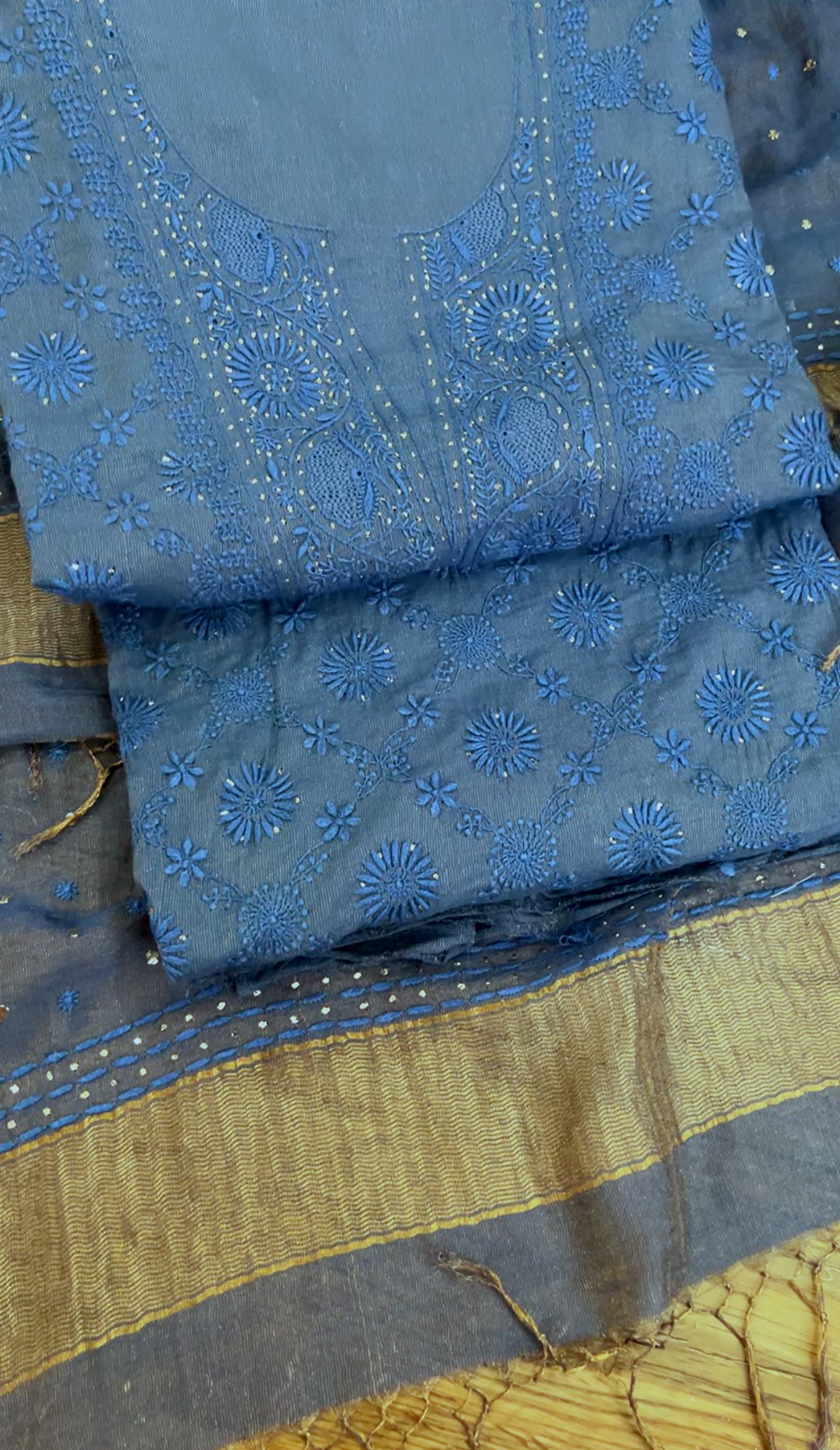 Prussian Blue Tissue Chanderi Silk Suit with Chikankari & Kamdani Mukaish