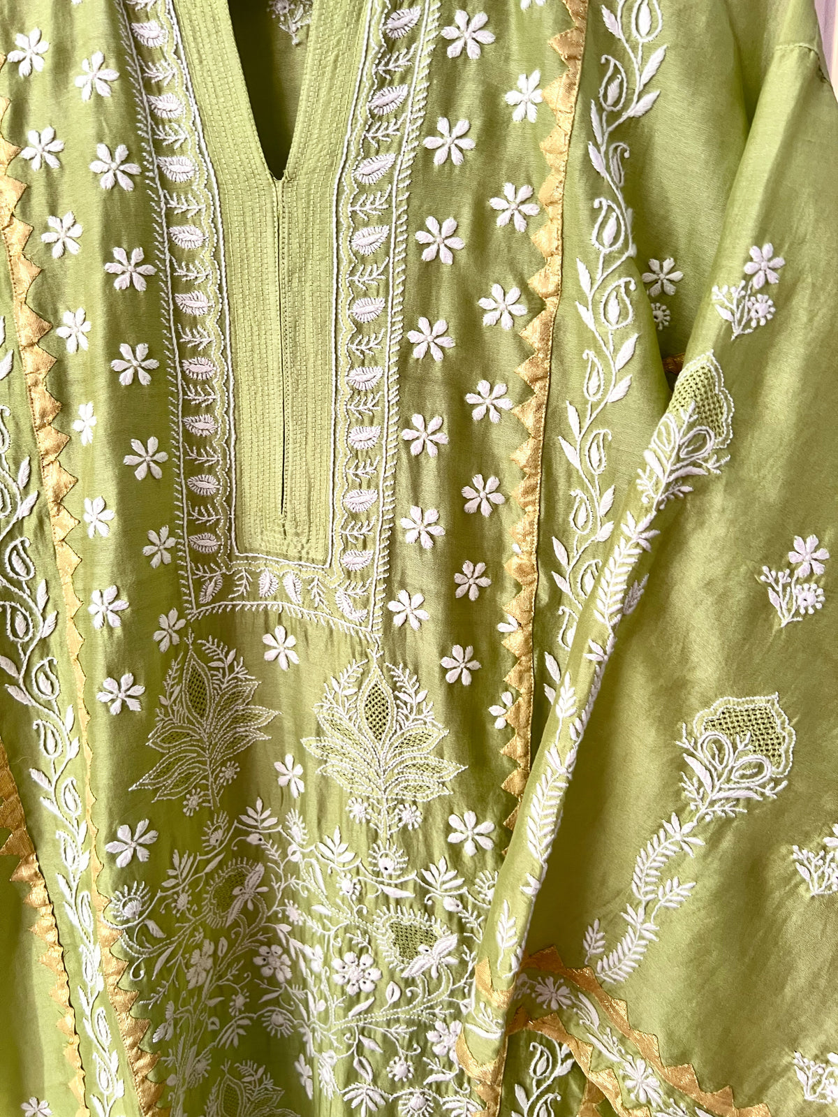 Lime Green Pure Chanderi Silk Kurta Set with Chikankari and Applique