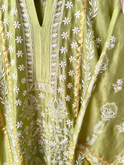 Lime Green Pure Chanderi Silk Kurta Set with Chikankari and Applique