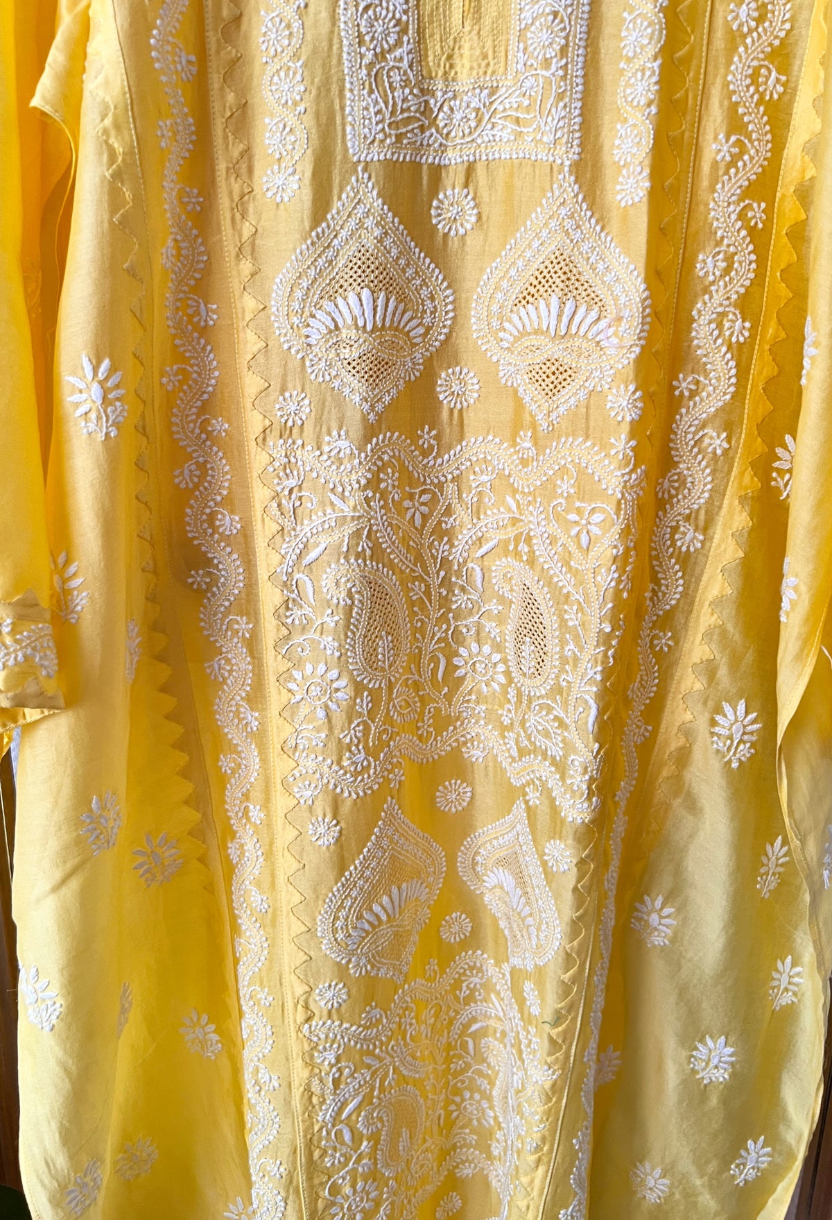 Mango Yellow Pure Chanderi Silk Kurta Set with Chikankari and Applique