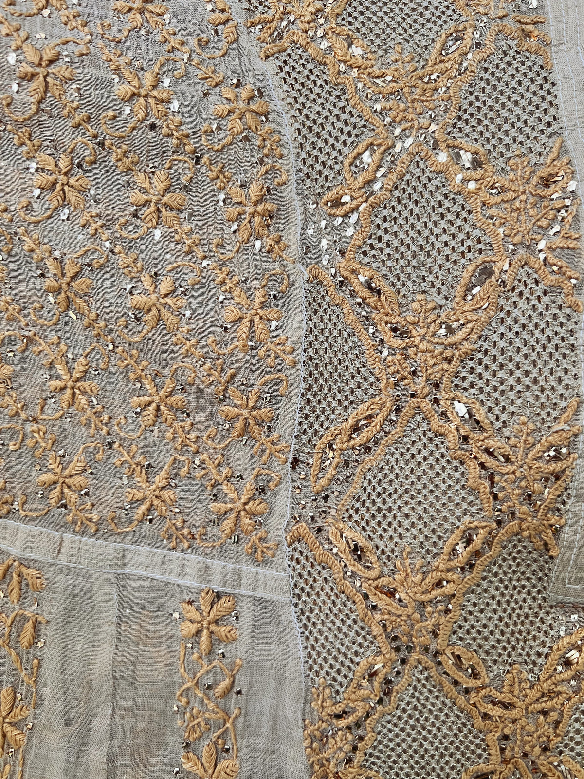Natural Gold Beige Tissue Chanderi Silk Anarkali with Chikankari, Kasab Haath Jaali and Mukaish