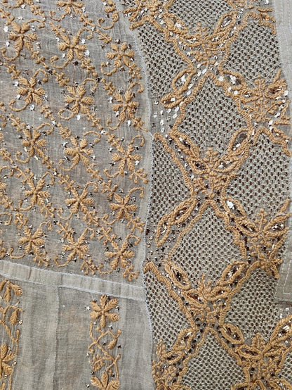 Natural Gold Beige Tissue Chanderi Silk Anarkali with Chikankari, Kasab Haath Jaali and Mukaish