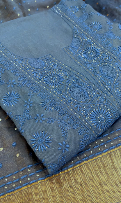 Prussian Blue Tissue Chanderi Silk Suit with Chikankari & Kamdani Mukaish