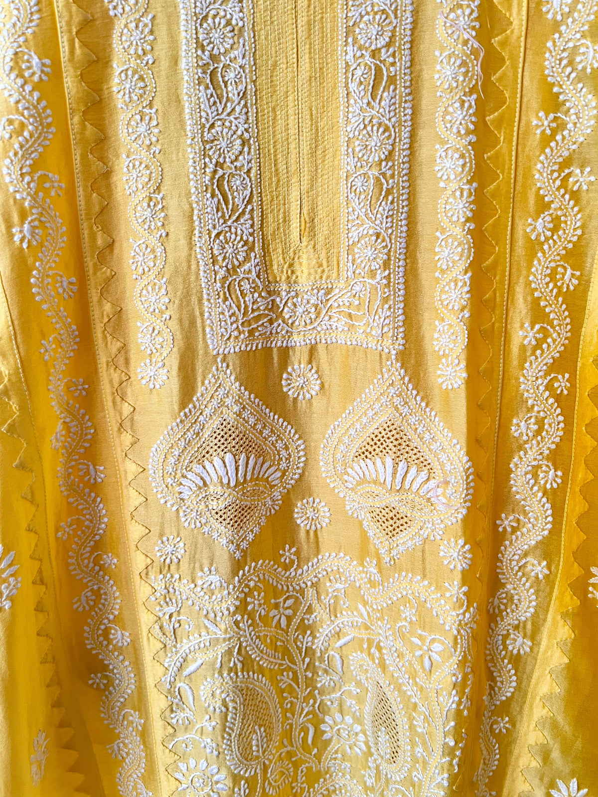 Mango Yellow Pure Chanderi Silk Kurta Set with Chikankari and Applique