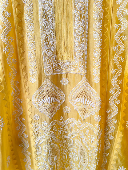 Mango Yellow Pure Chanderi Silk Kurta Set with Chikankari and Applique