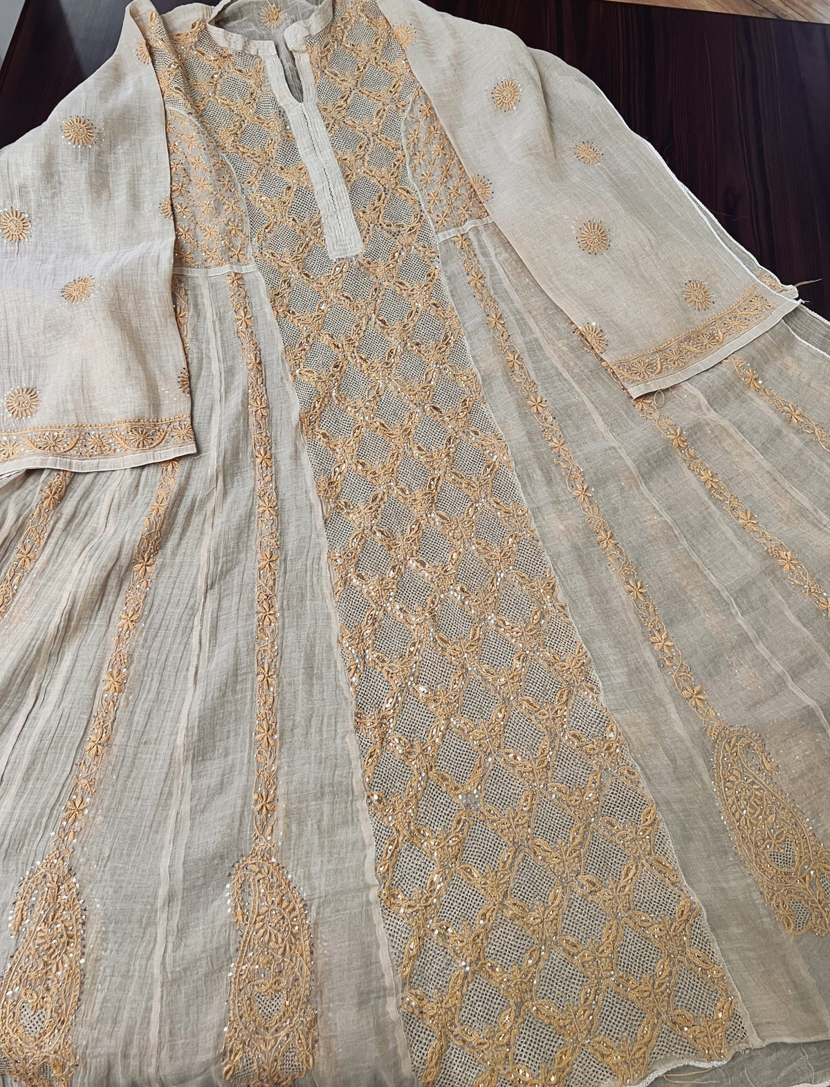 Natural Gold Beige Tissue Chanderi Silk Anarkali with Chikankari, Kasab Haath Jaali and Mukaish