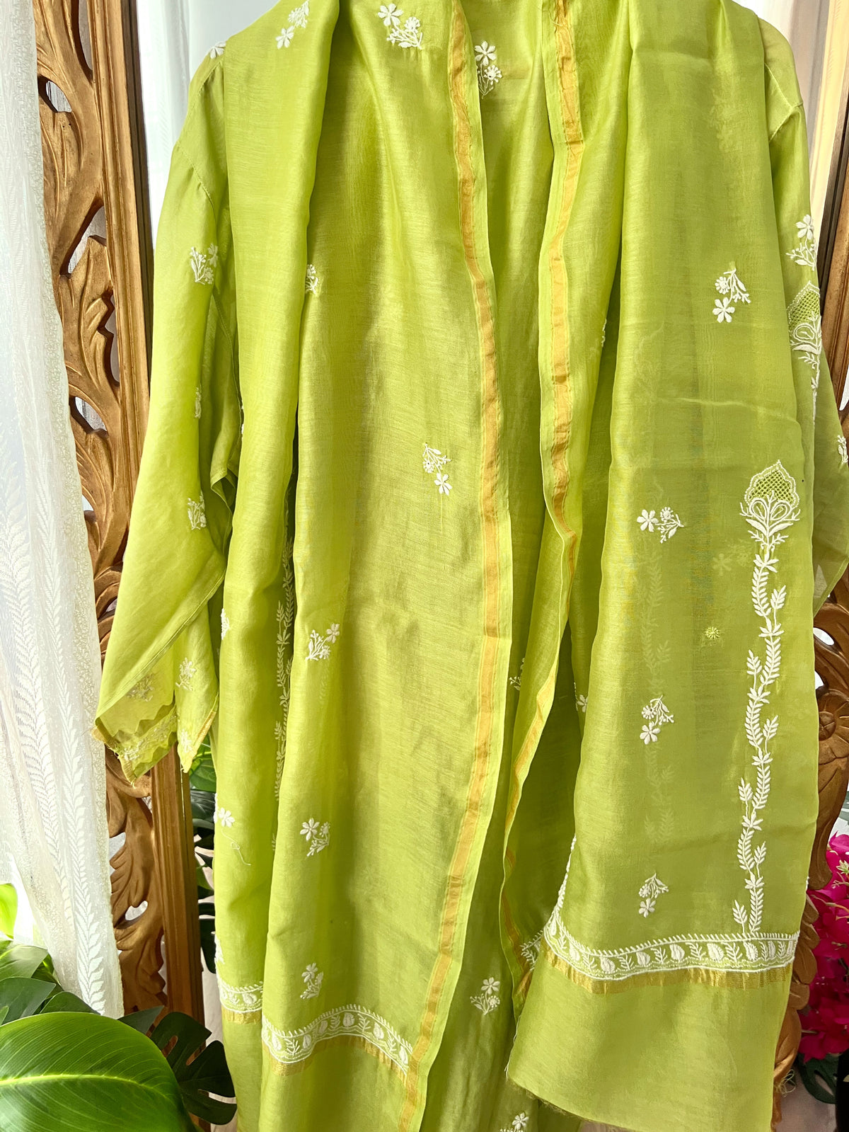 Lime Green Pure Chanderi Silk Kurta Set with Chikankari and Applique