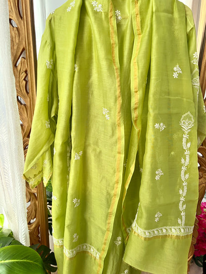 Lime Green Pure Chanderi Silk Kurta Set with Chikankari and Applique