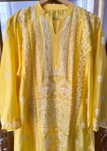 Mango Yellow Pure Chanderi Silk Kurta Set with Chikankari and Applique