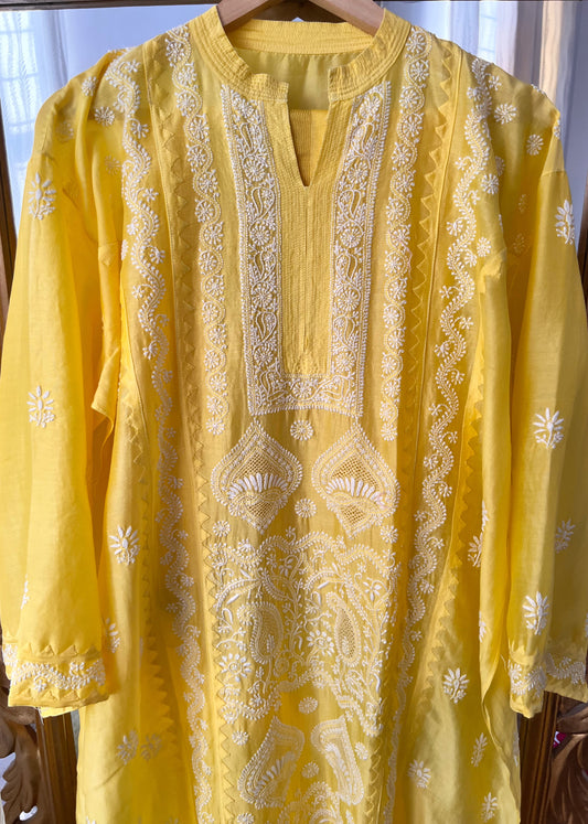 Mango Yellow Pure Chanderi Silk Kurta Set with Chikankari and Applique